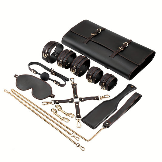 13pcs Luxury BDSM Bondage Restraint Set with Leather Handcuffs, Ankle Cuffs, Eye Mask, Mouth Plugs and Ball Gag For Couples