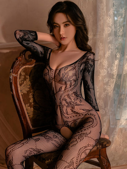 Sexy Dragon Pattern Lace Bodysuit with Crotchless Design