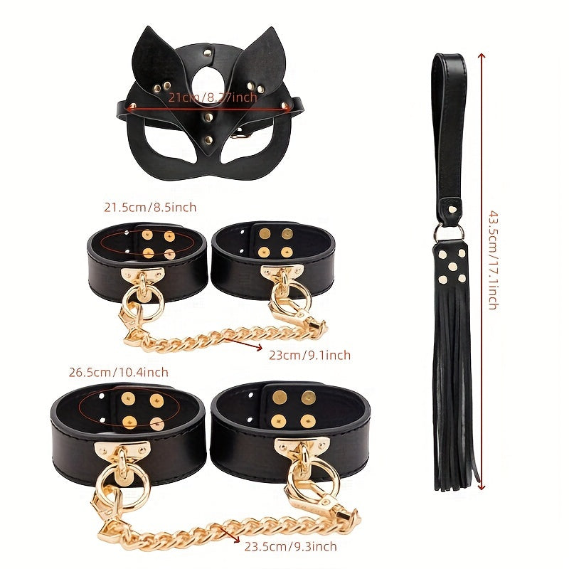 BDSM Fetish 4pcs. Handcuffs, Ankle Cuffs, Faux Leather Whip, Mask, Couple Training Set